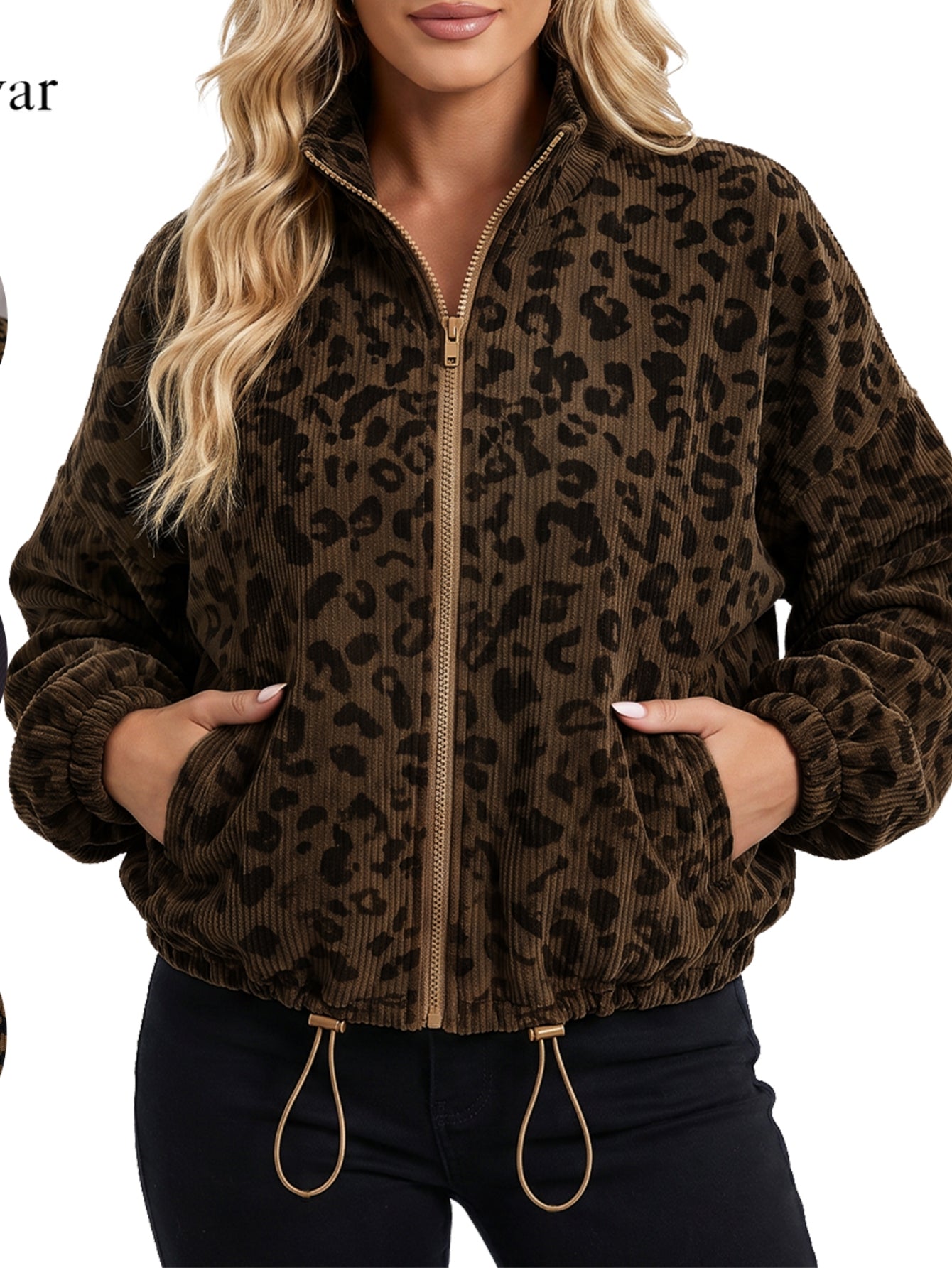 Leopard Print Corduroy Zip Up Jacket