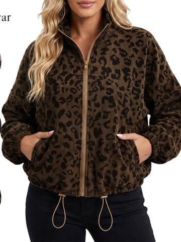 Leopard Print Corduroy Zip Up Jacket