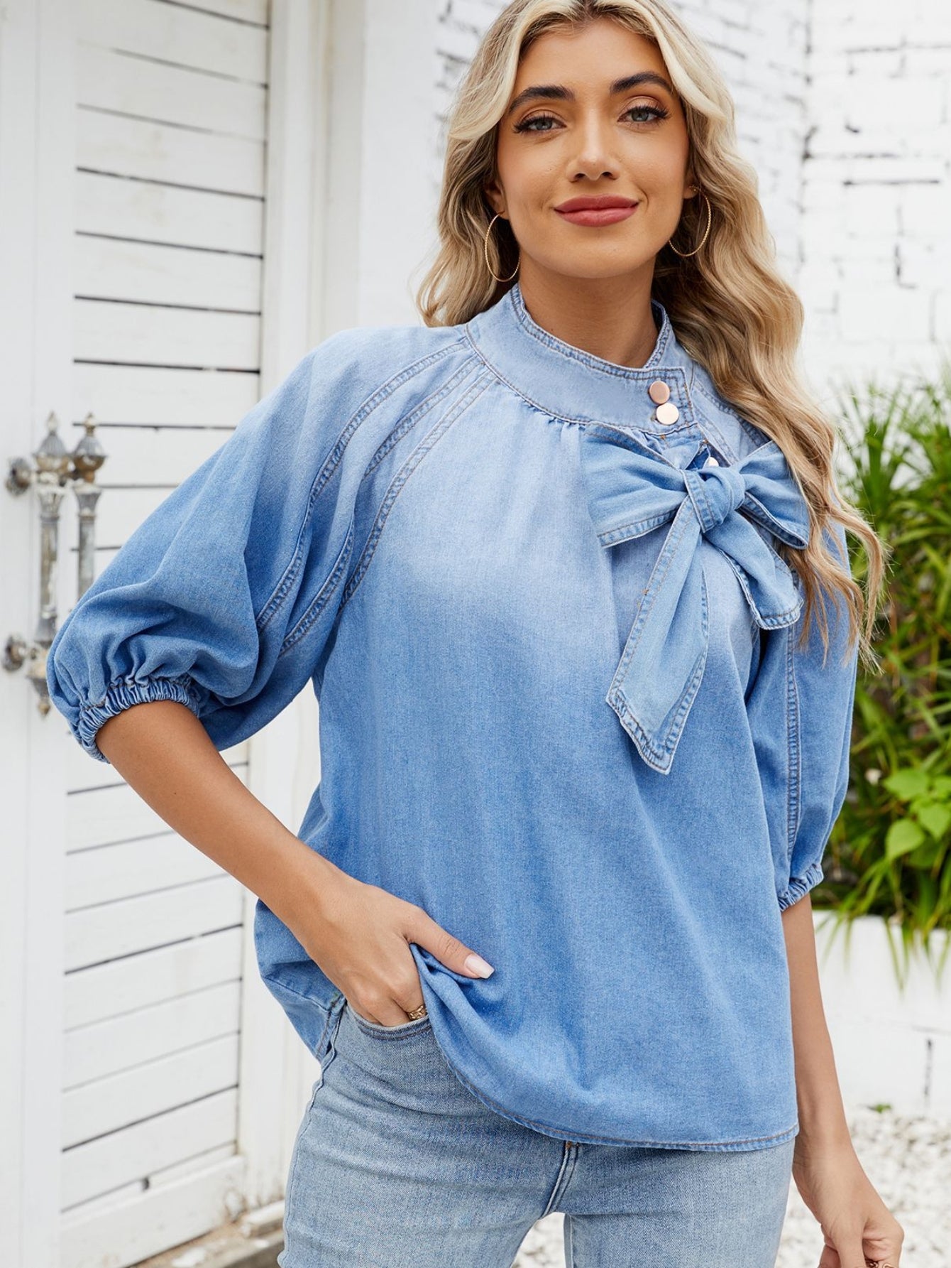 Bow Detail Puff Sleeve Denim Blouse