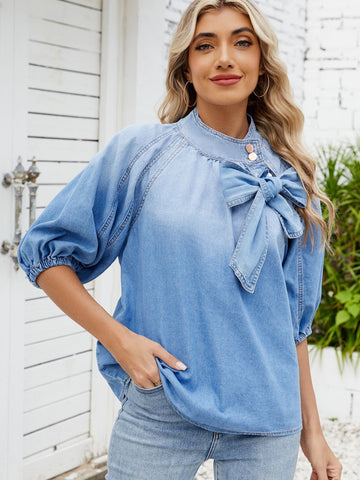 Bow Detail Puff Sleeve Denim Blouse