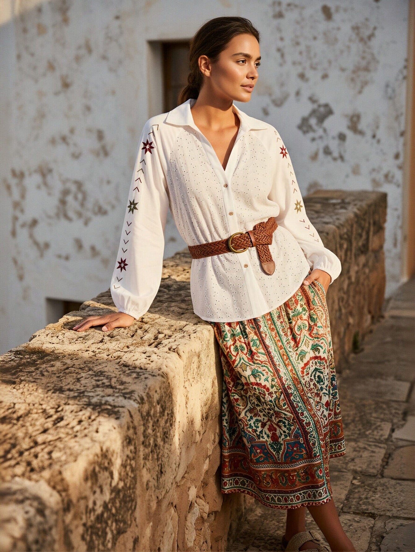 Embroidered Eyelet Button Down Shirt