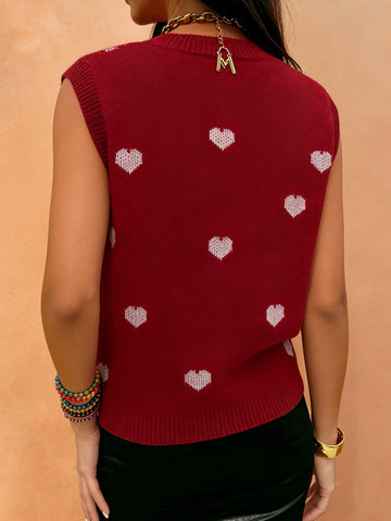 Heart Pattern Crewneck Knit Tank Top