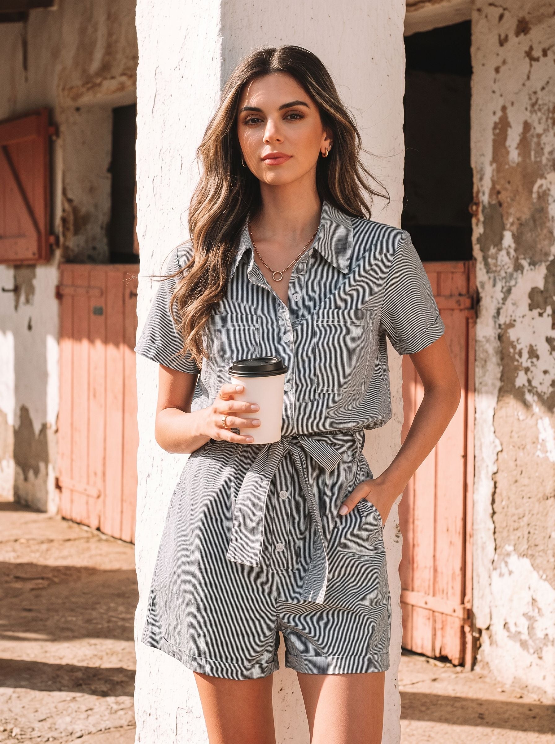 Stripe Button Down Collar Jumpsuit