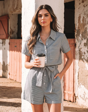 Stripe Button Down Collar Jumpsuit