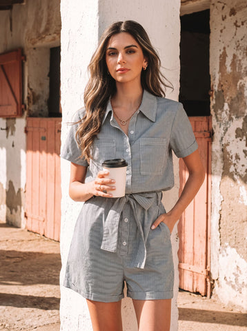 Stripe Button Down Collar Jumpsuit