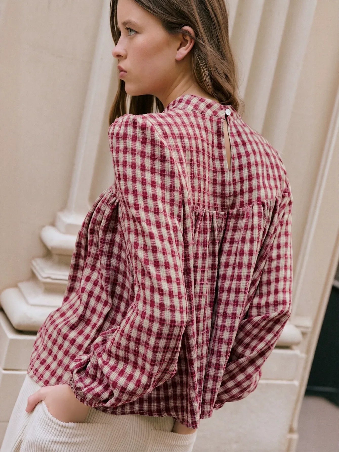 Plaid Smocked Mock Neck Blouse