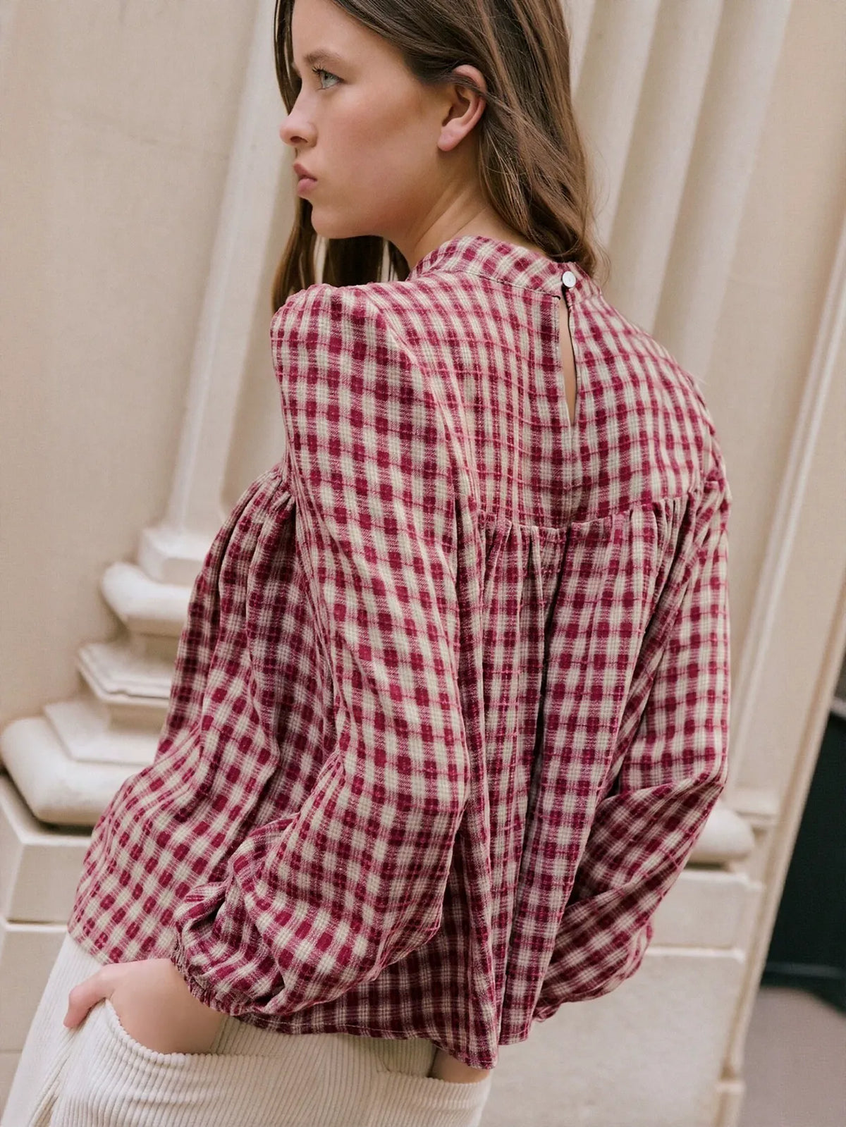 Plaid Smocked Mock Neck Blouse
