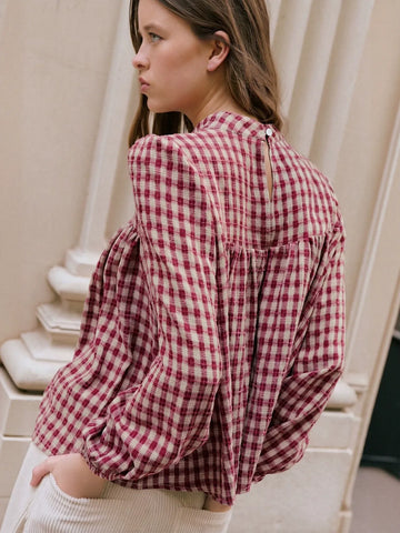 Plaid Smocked Mock Neck Blouse