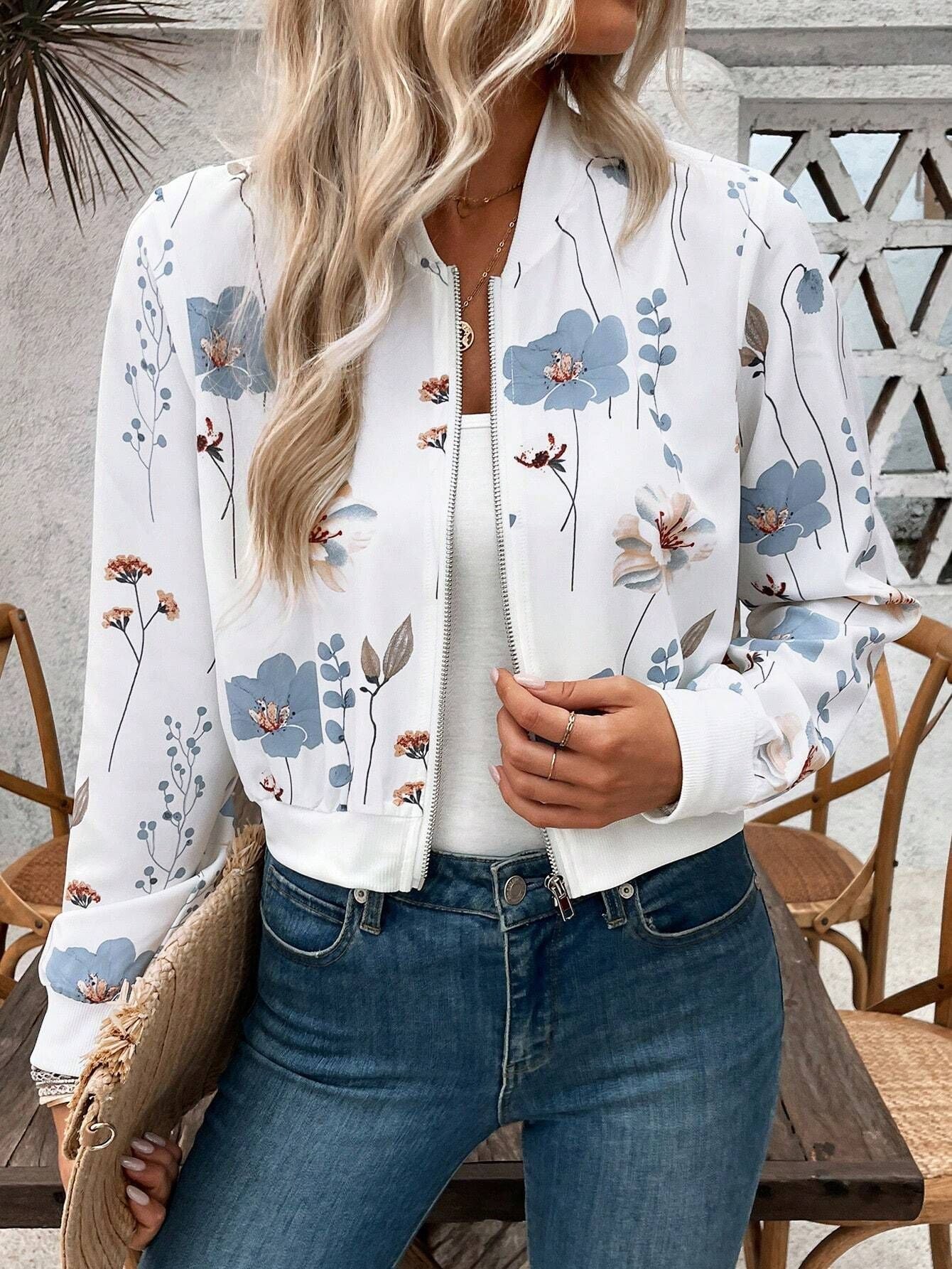 Floral Print Zip Up Bomber Jacket