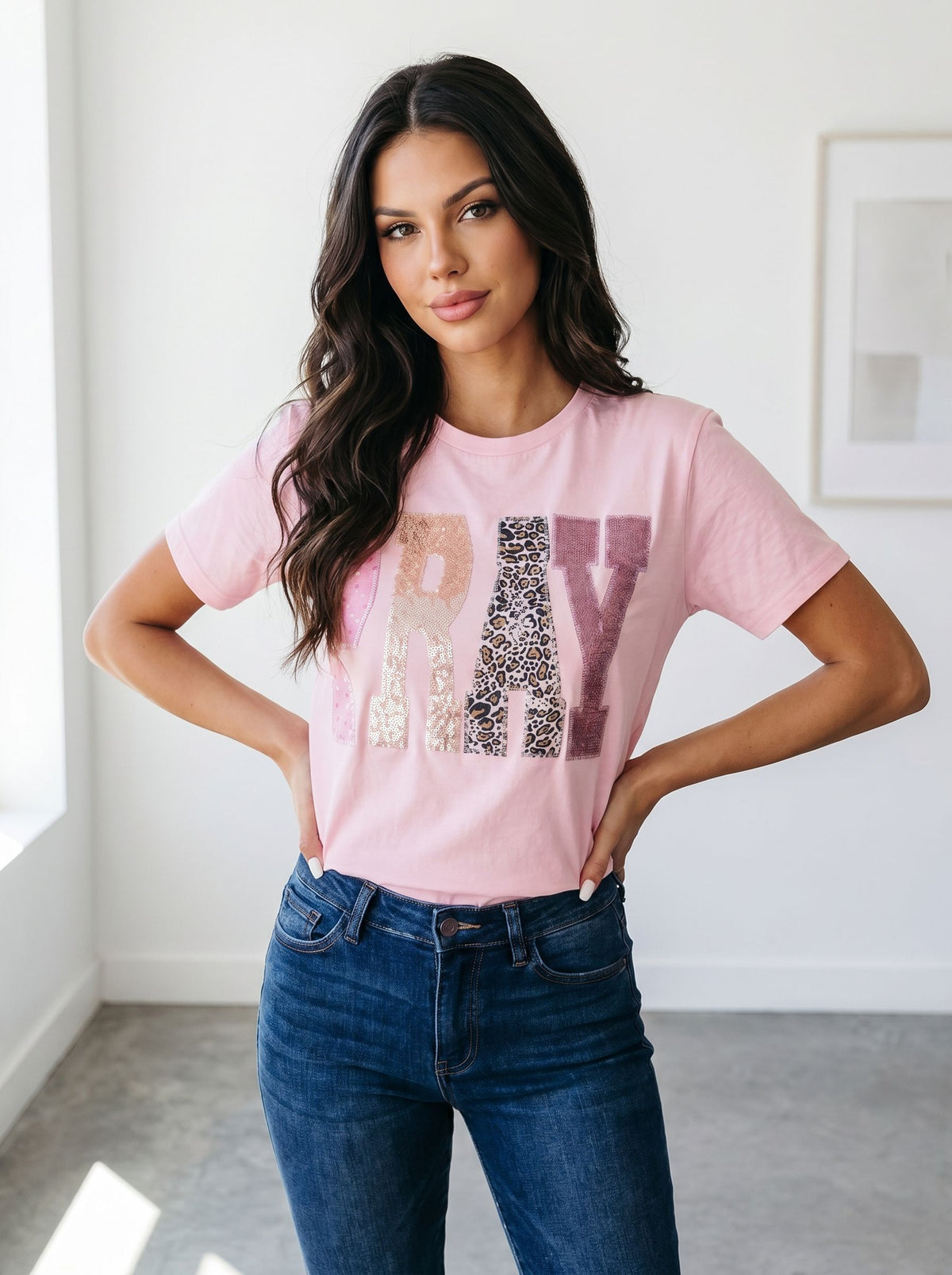 Sequin Leopard Print Pray T-Shirt