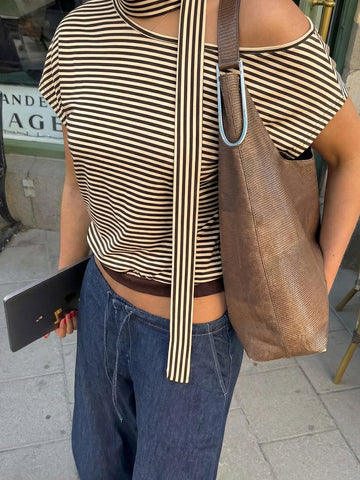 One Shoulder Striped Chic T-shirt-Multicolor