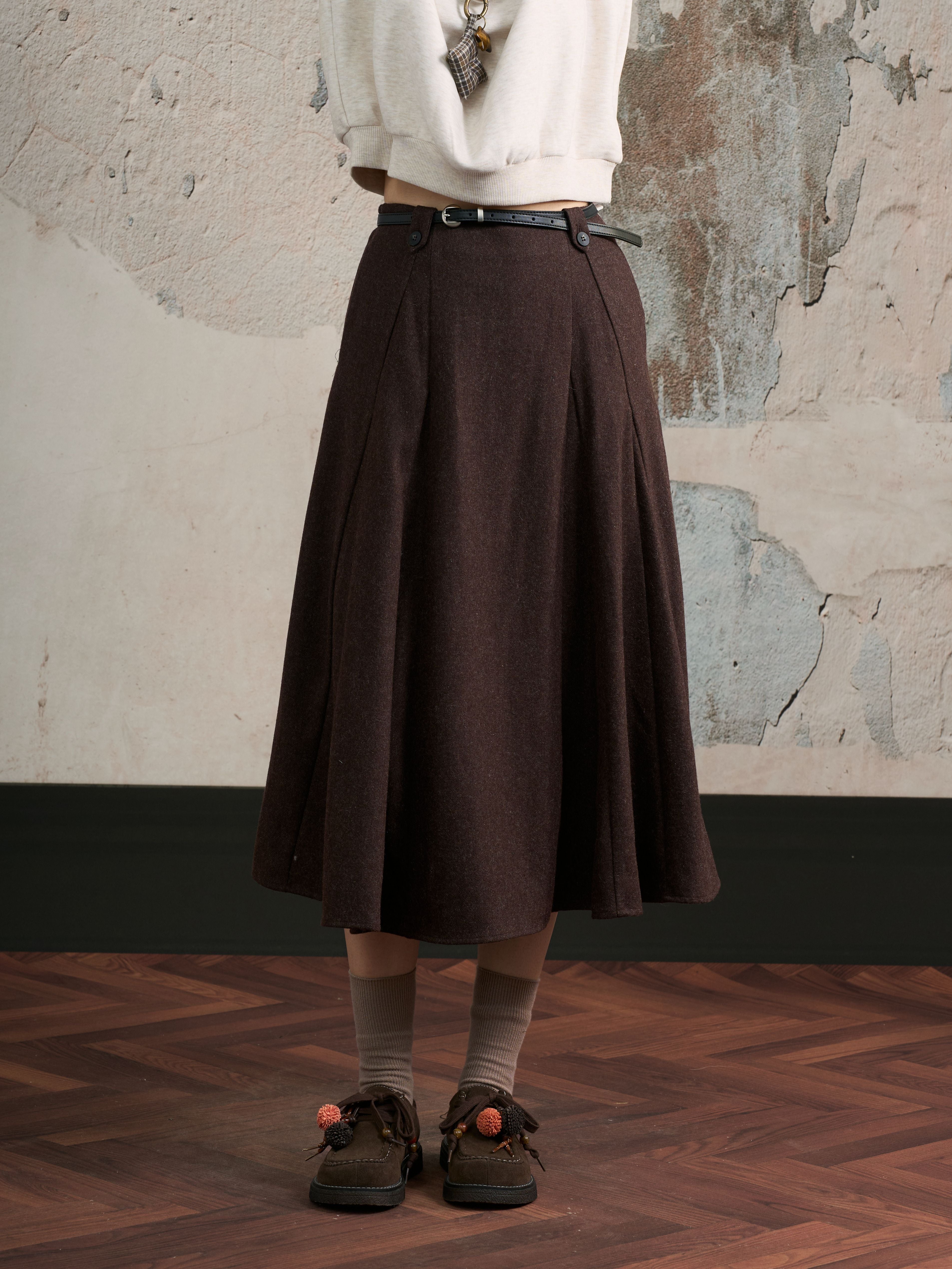High Waisted Pleated Wool Midi Skirt