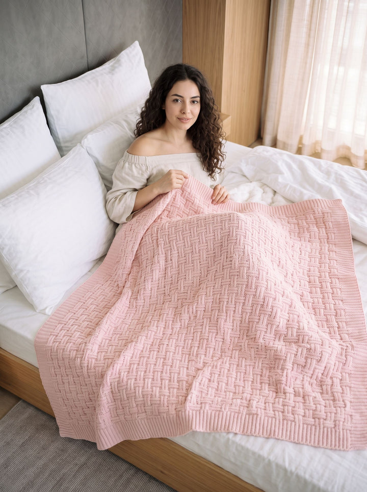 Soft Textured Pink Knit Throw Blanket