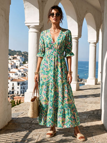 Boho Floral V Neck Maxi Dress