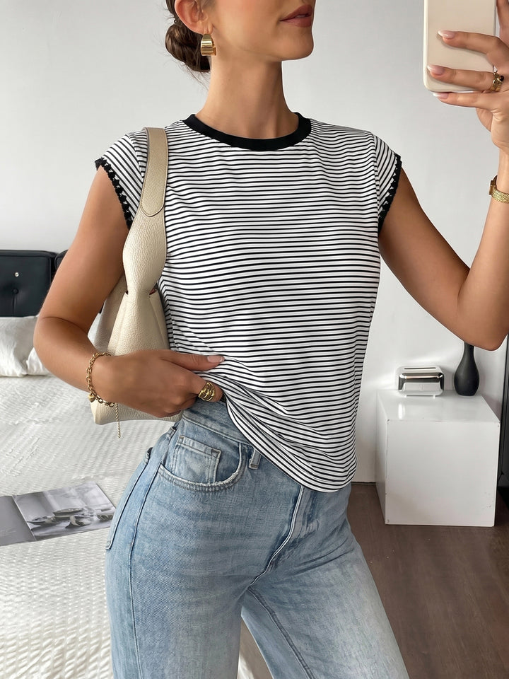 Lace Trim Striped Fitted T-Shirt