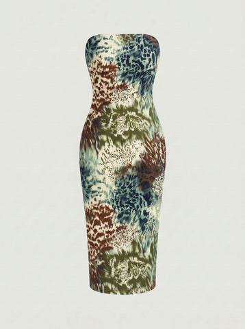 MAIA Floral Print Strapless Sheath Midi Dress