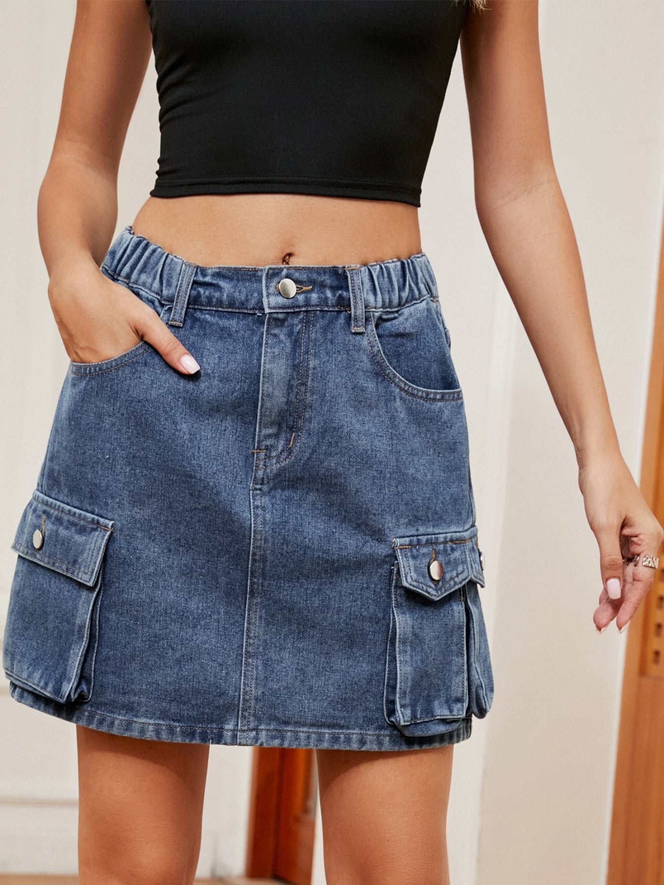 High Waisted Cargo Denim Mini Skirt