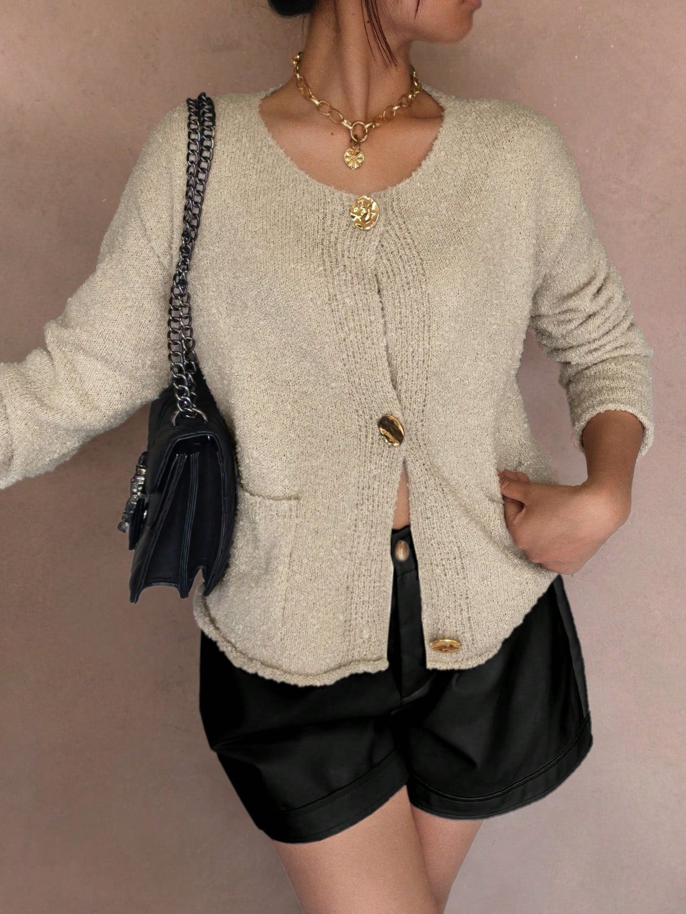 Gold Button Textured Knit Cardigan