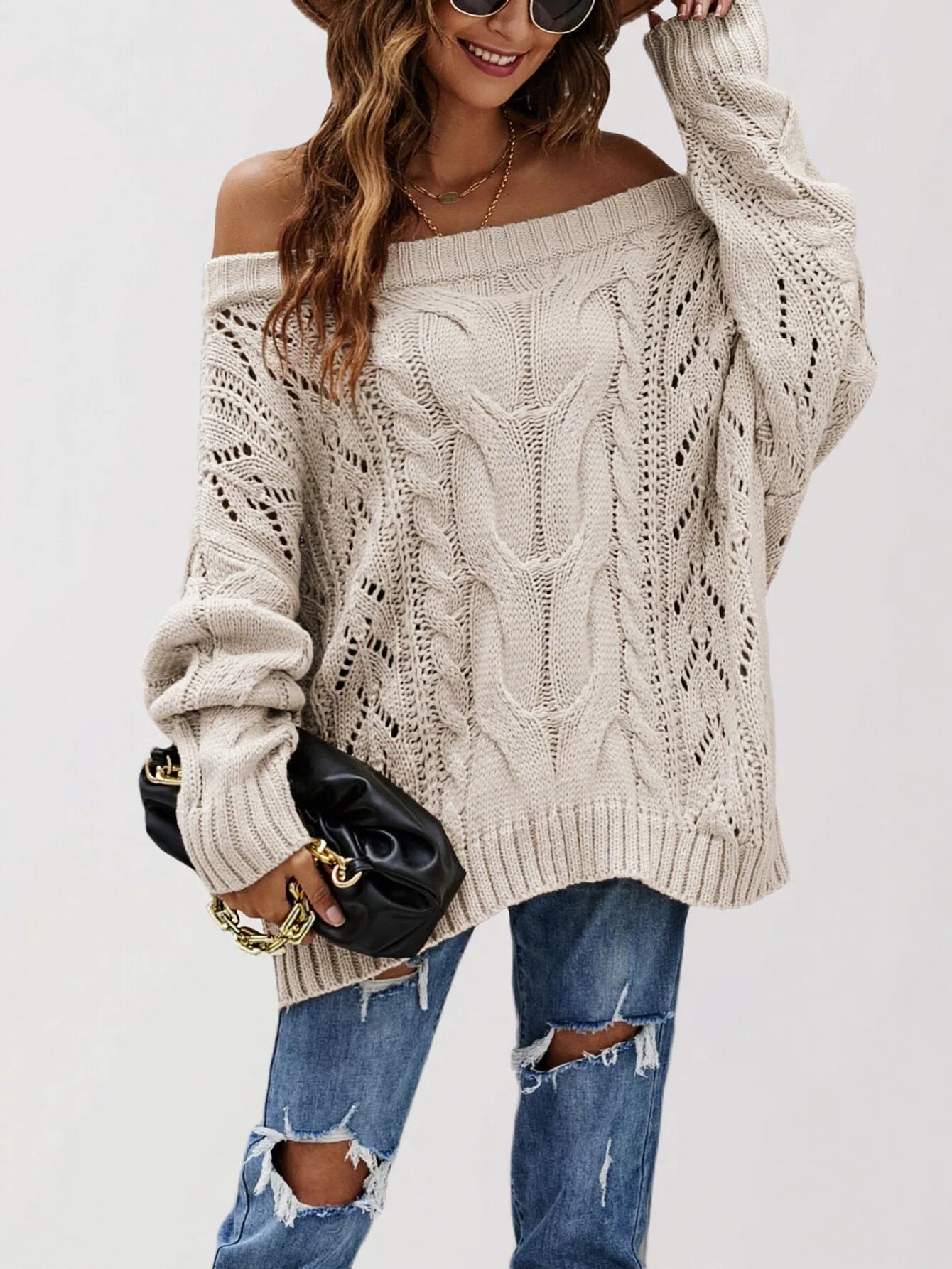 Oversized Off Shoulder Cable Knit Sweater