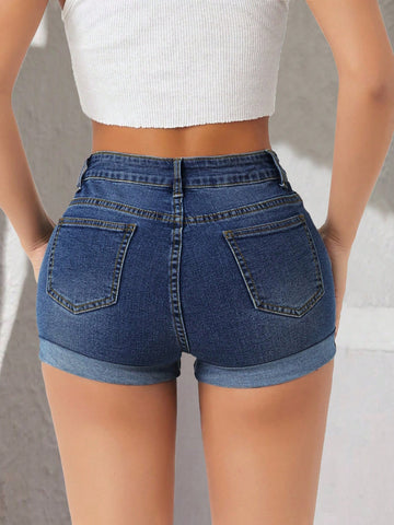 High Waisted Distressed Cuffed Denim Shorts