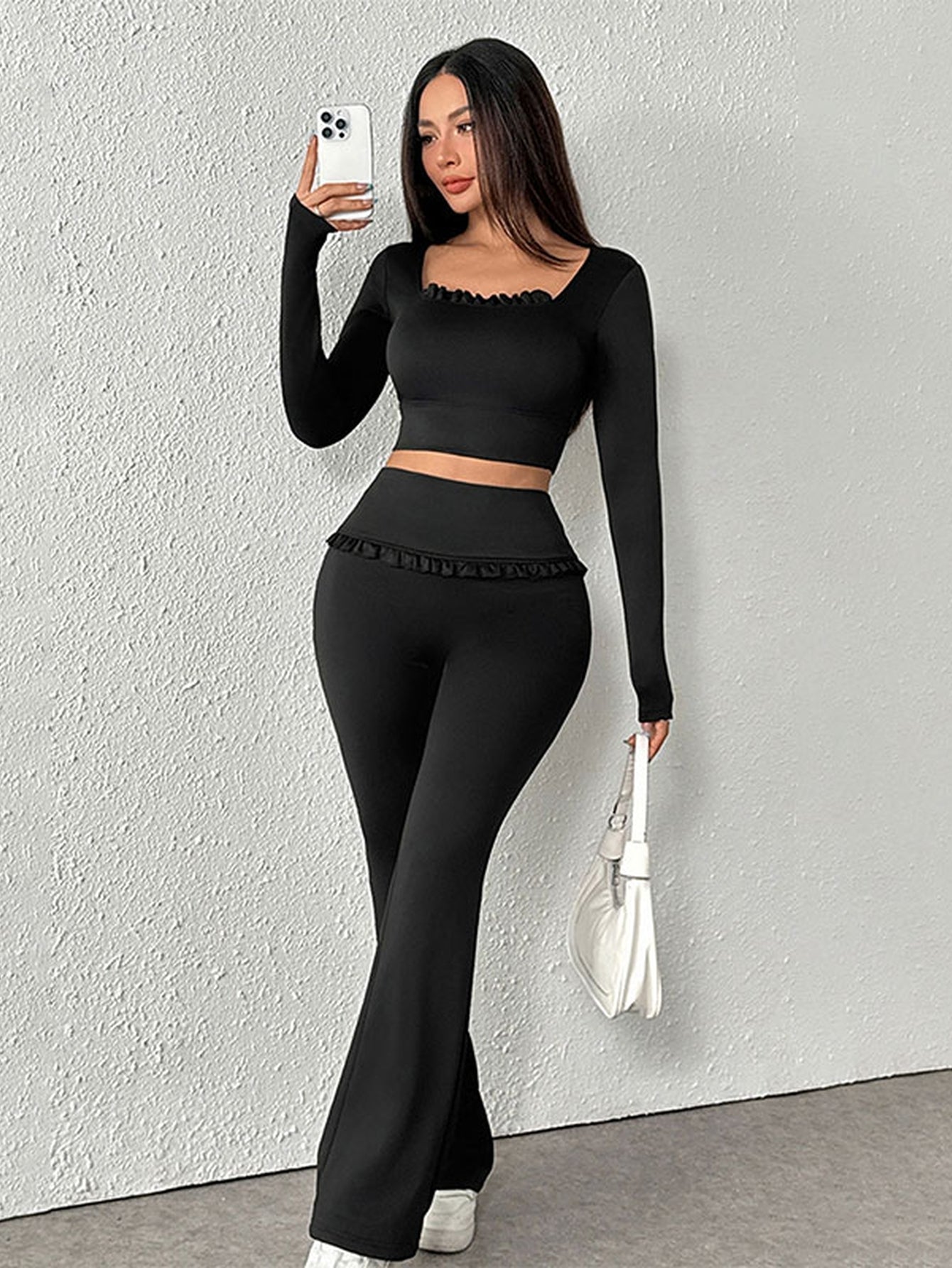 Ruffle Trim Crop Top Pants Set