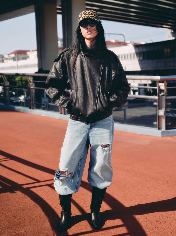 Oversized Vegan Leather Bomber Jacket