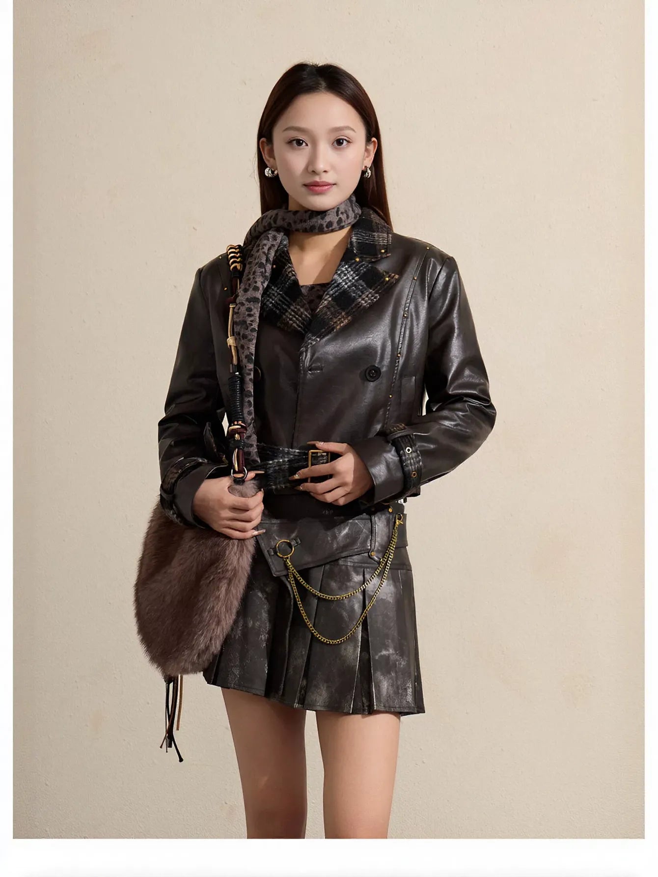 Distressed Faux Leather Pleated Mini Skirt