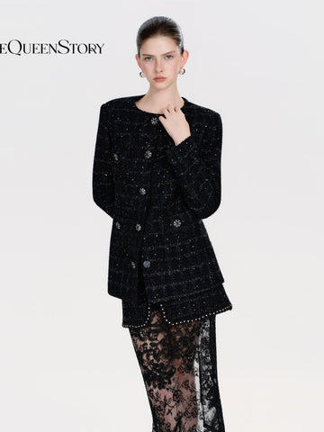 Shimmering Tweed Ruffle Trim Jacket