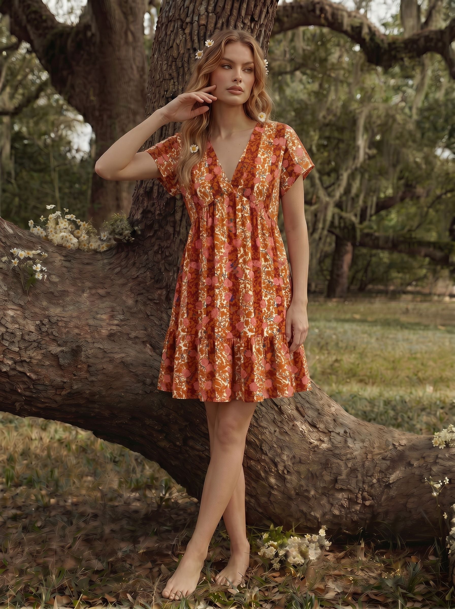 EVA Floral Print V Neck Tiered Babydoll Mini Dress