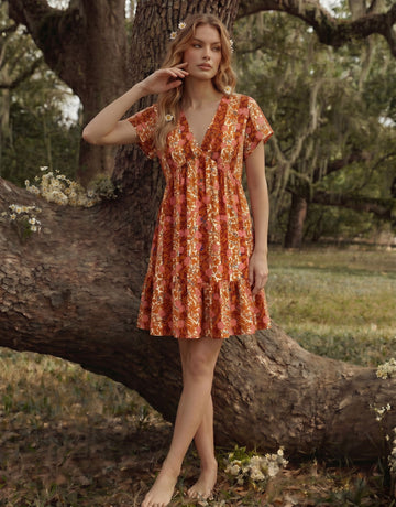 EVA Floral Print V Neck Tiered Babydoll Mini Dress