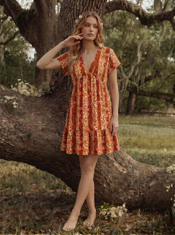 EVA Floral Print V Neck Tiered Babydoll Mini Dress