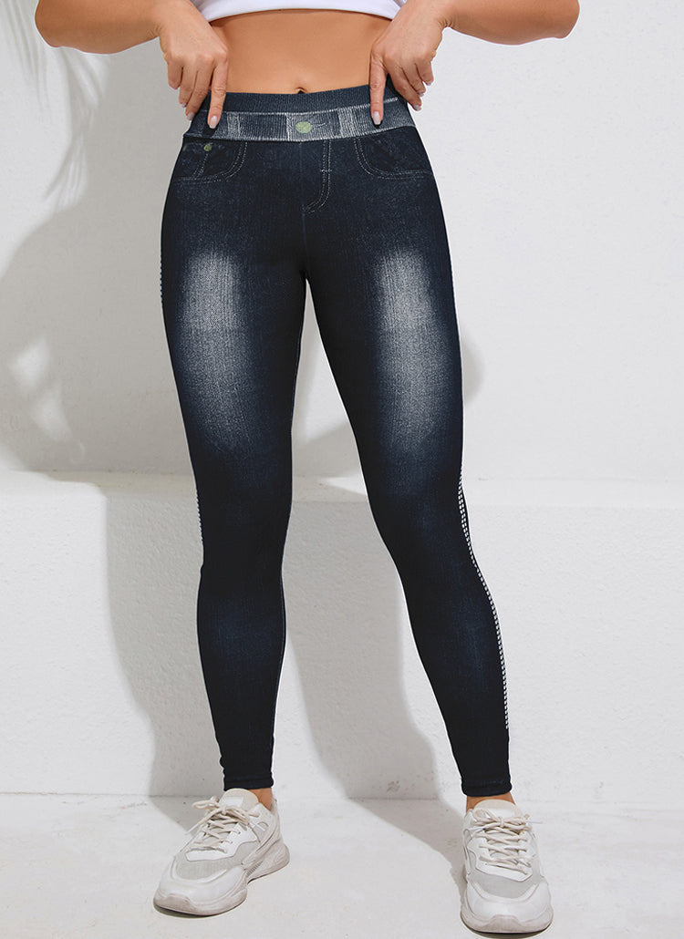 Side-Dot Denim-Print Stretchy Stylish Yoga Pants-Blue