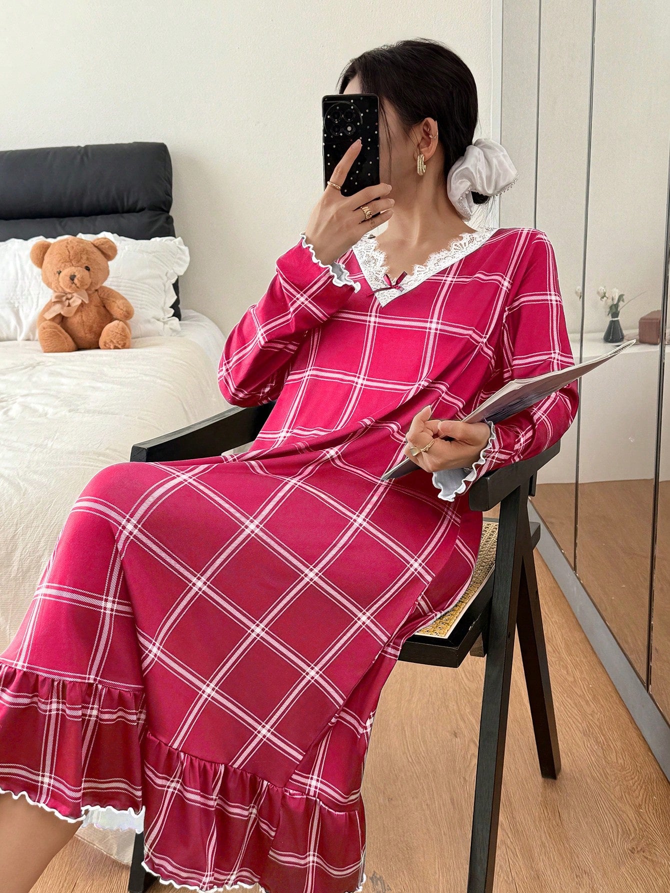 Cozy Plaid Lace Trim Nightgown