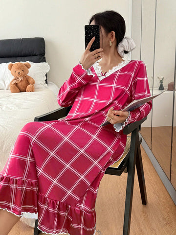 Cozy Plaid Lace Trim Nightgown