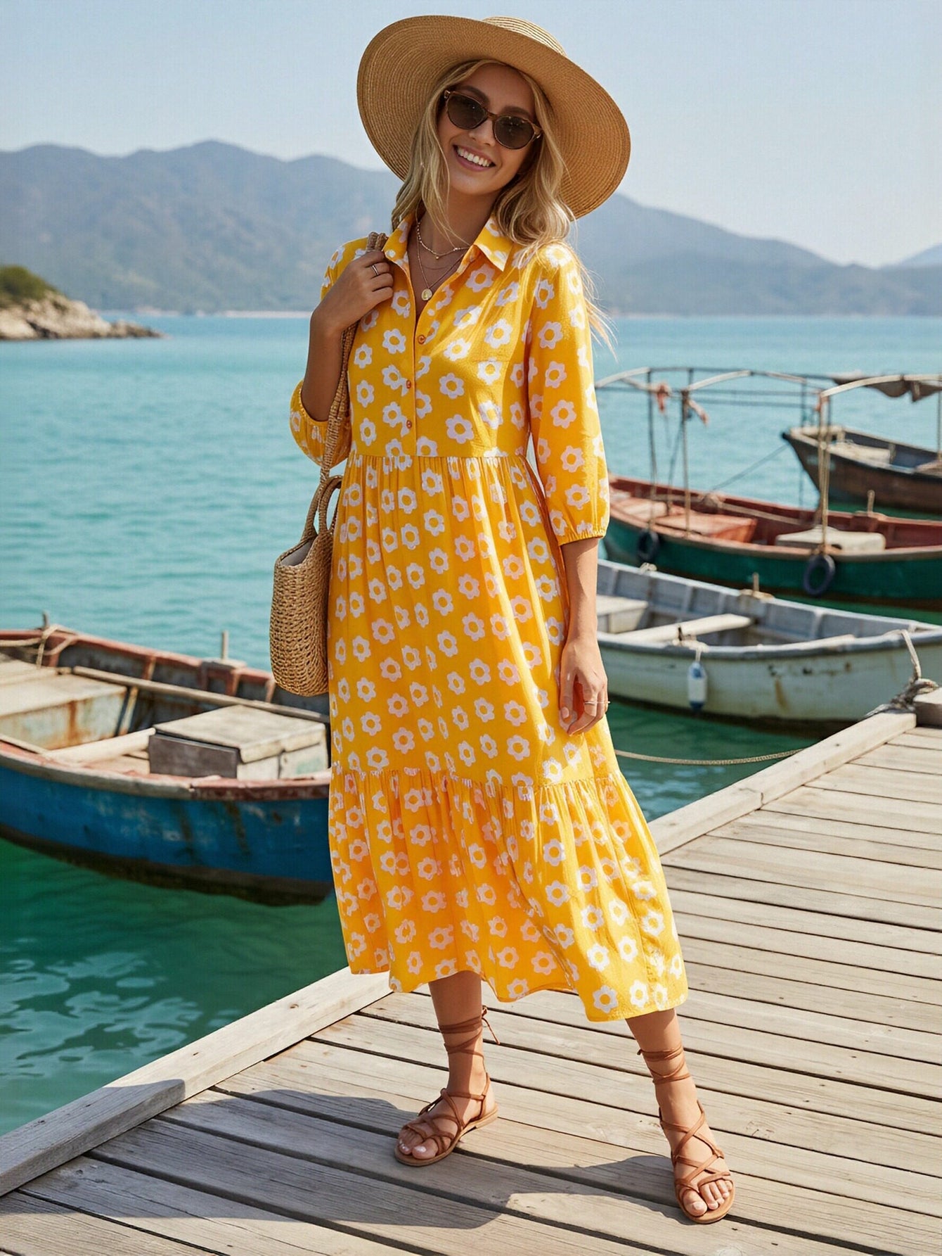 Yellow Floral Button Down Midi Dress