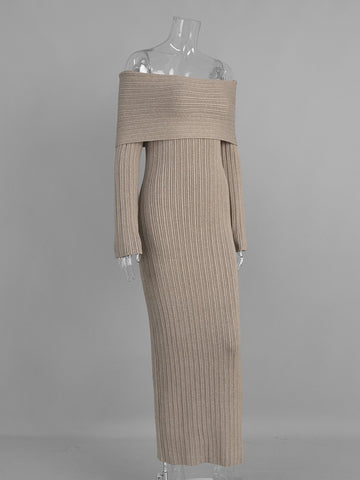 Off Shoulder Ribbed Knit Maxi Dress