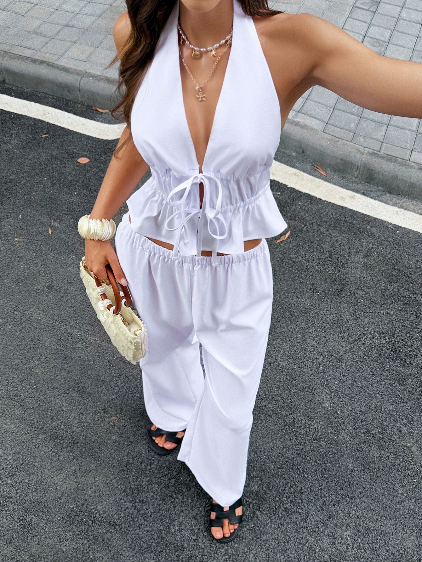 Halter Neck Top Wide-Leg Pants Boho Set-White