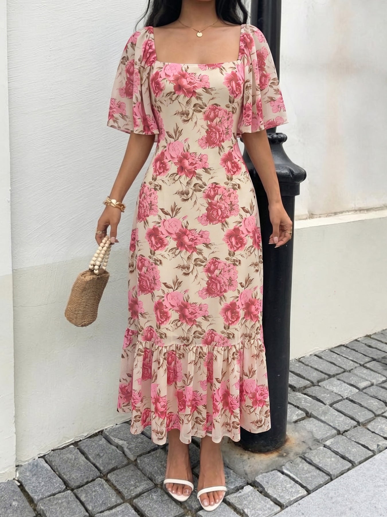Floral Flutter Sleeve Midi Dress