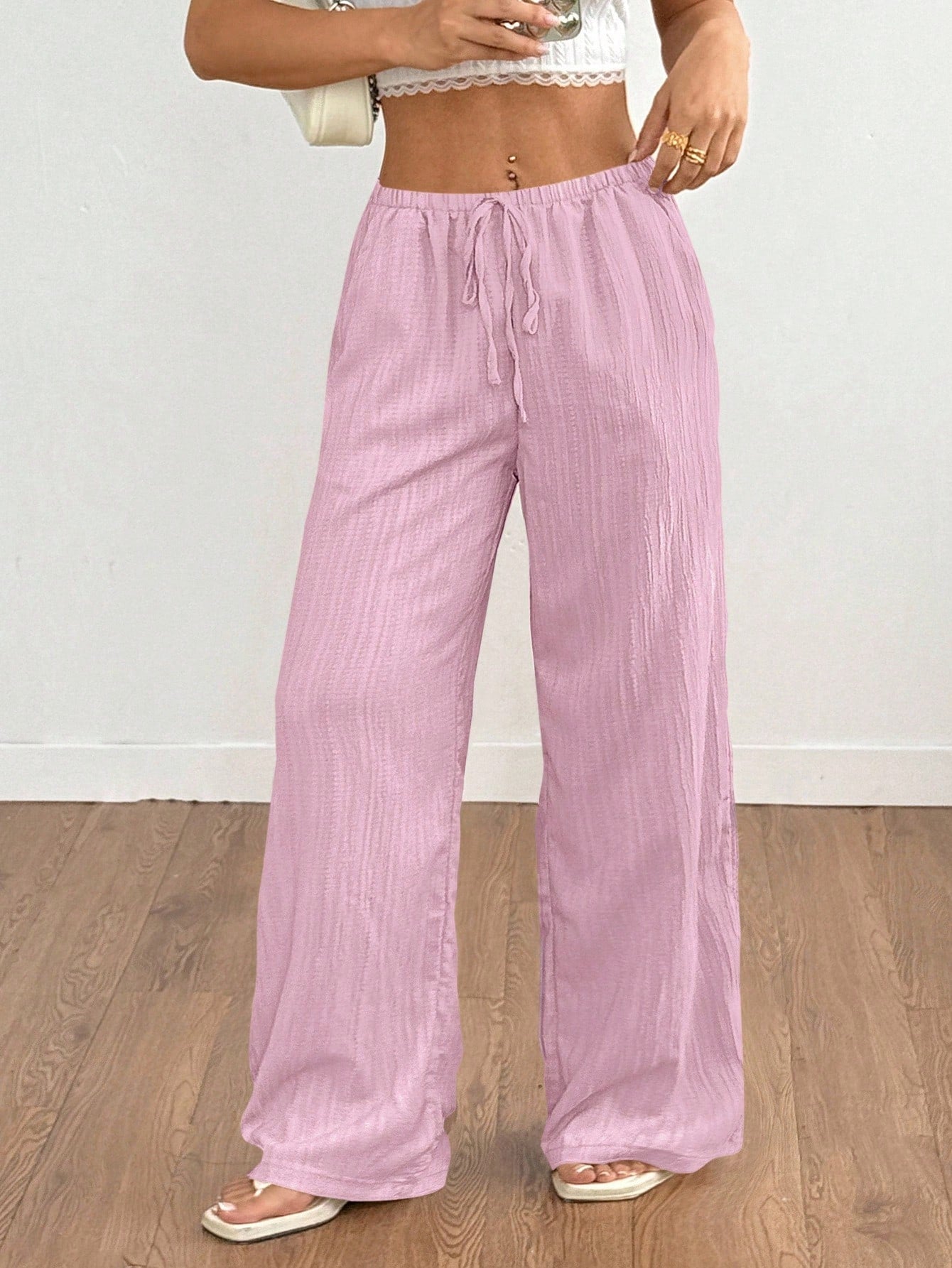 Pleated Drawstring Wide-Leg Pants-Multicolor