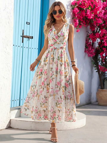 Floral Print V Neck Maxi Dress