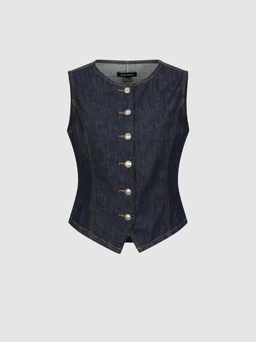 Urban Revivo Seamed Stitch Detail Sleeveless Denim Shirts-Blue