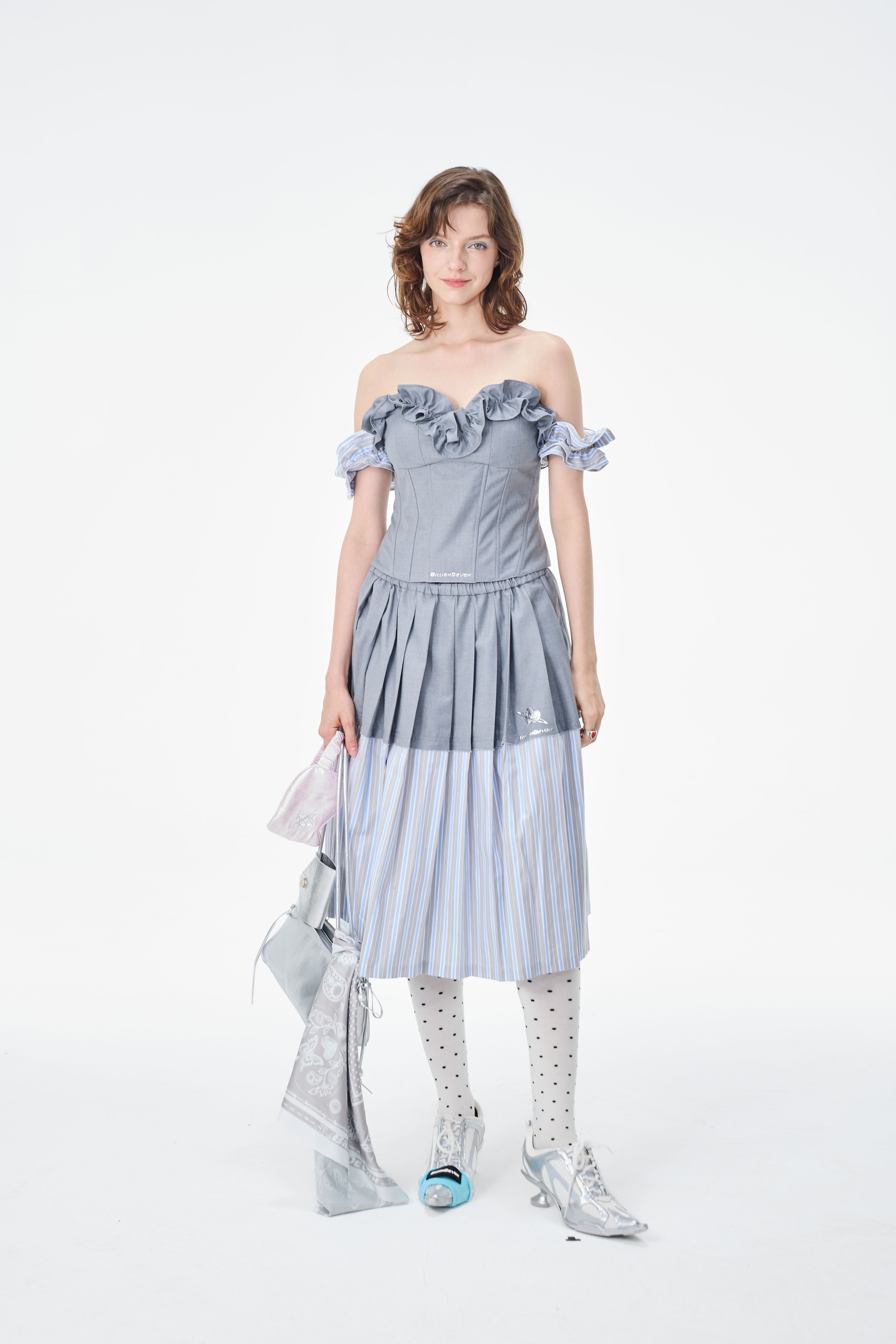Colorblock Striped Pleated Midi Skirt