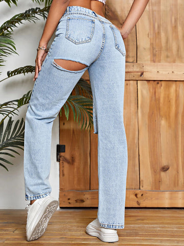 High Waisted Distressed Straight Jeans