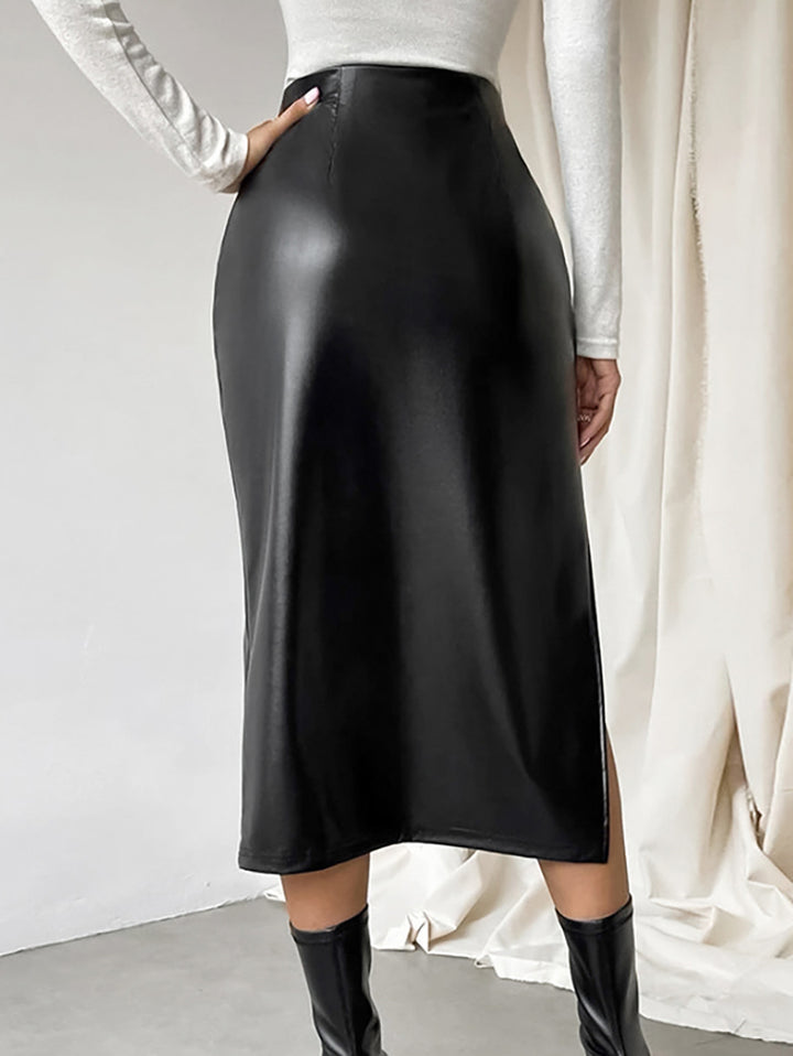 High Slit Faux Leather Midi Skirt