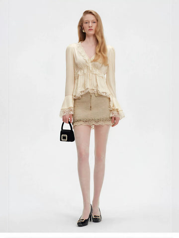 Elegant Lace Trim Satin Blouse