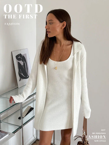 Cozy Ribbed Knit Cardigan Dress Set
