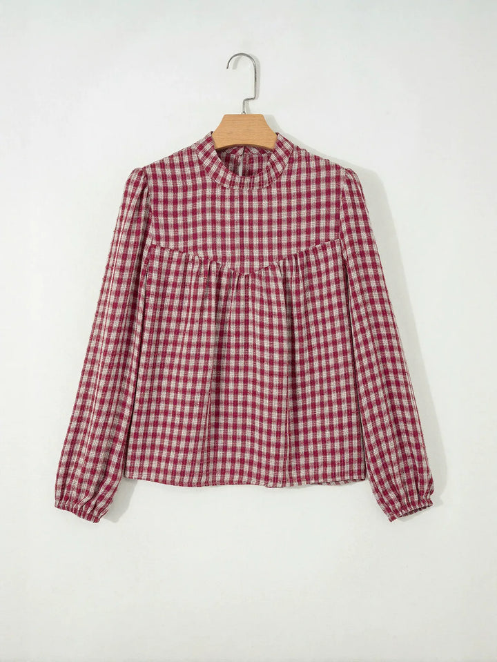 Plaid Smocked Mock Neck Blouse