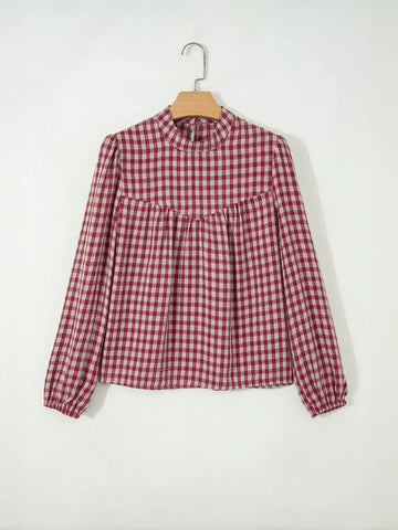Plaid Smocked Mock Neck Blouse