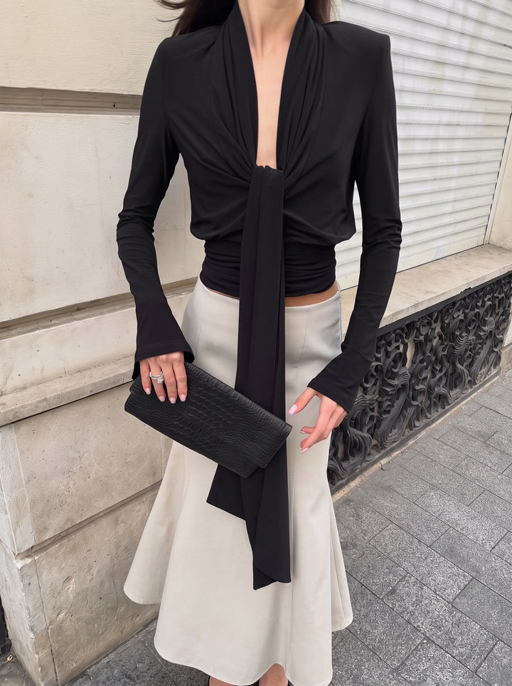 Plunging Neck Tie Front Long Sleeve Top