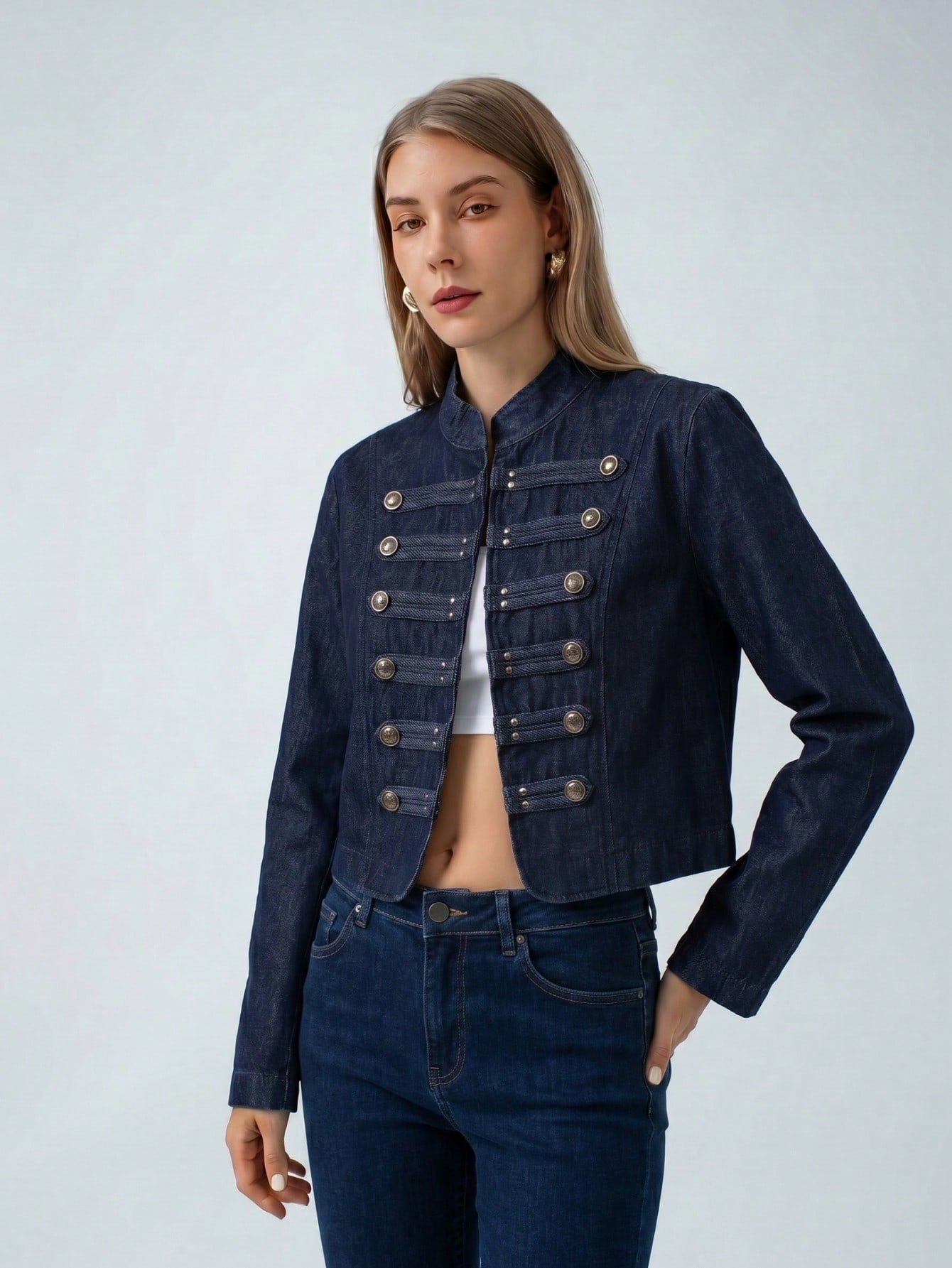 Military Inspired Cropped Denim Jacket